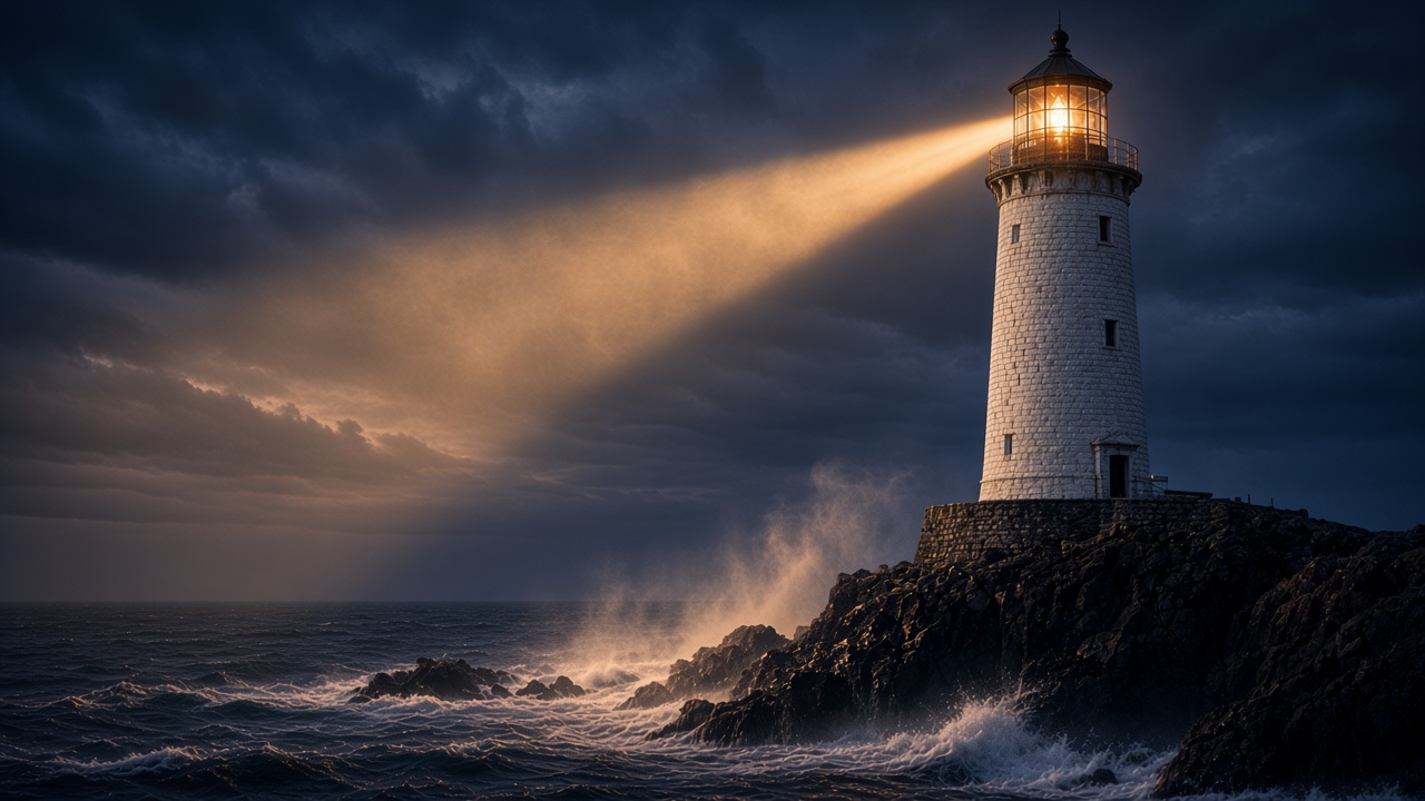 Faro de piedra sobre un acantilado al anochecer. La linterna está encendida y un haz de luz sale de la sala de la lámpara hacia el mar.